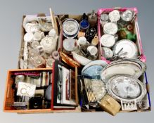 A pallet of assorted goods including china, CDs, kitchenware, vintage soda siphon, cutlery etc.