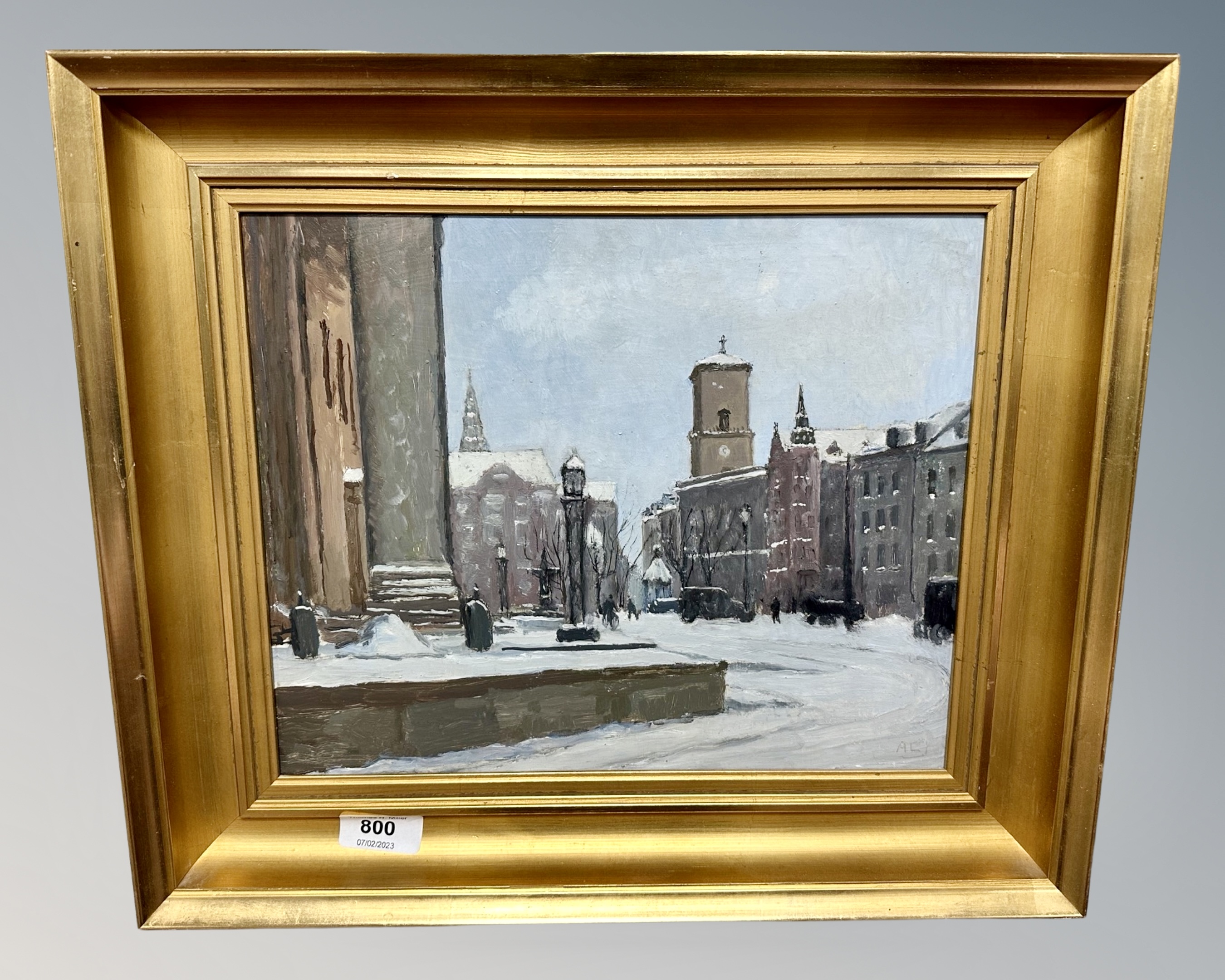 Continental School : Figures in a town square, oil on panel, 31cm by 35cm.