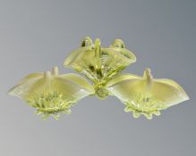 A Davidsons Primrose Vaseline glass Caroline Uranium trefoil bowl together with a pair of pinched