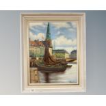 Herm Jensé : Boats in a canal, oil on canvas, 42cm by 54cm.
