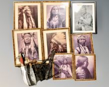 A box of native American pictures, two decorative knives,