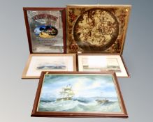 A group of pictures and prints including Southern Comfort advertising mirror, atlas, seascape etc.
