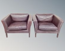 A pair of Scandinavian armchairs in mauve leather