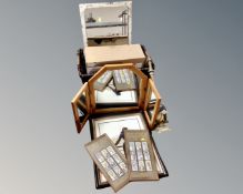 A basket containing boxed four-light chrome light fitting together with pine mirror, table lamp,