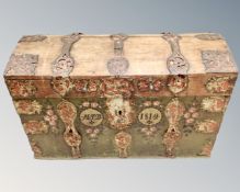 A nineteenth century Scandinavian painted oak and iron bound dome topped chest dated 1819,