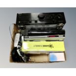 A box of electricals including games dock, dvd player, Kenwood amplifier,