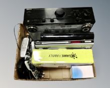 A box of electricals including games dock, dvd player, Kenwood amplifier,