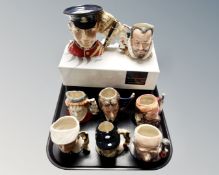 A group of eight Royal Doulton character jugs including North Staffordshire Fife player,