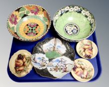 A tray of three Aynsley Orchard gold dishes, Maling lustre fruit bowl,