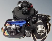 A group of cameras including Nikon F80 with Cosina lens, Olympus OM10 with telephoto lens,