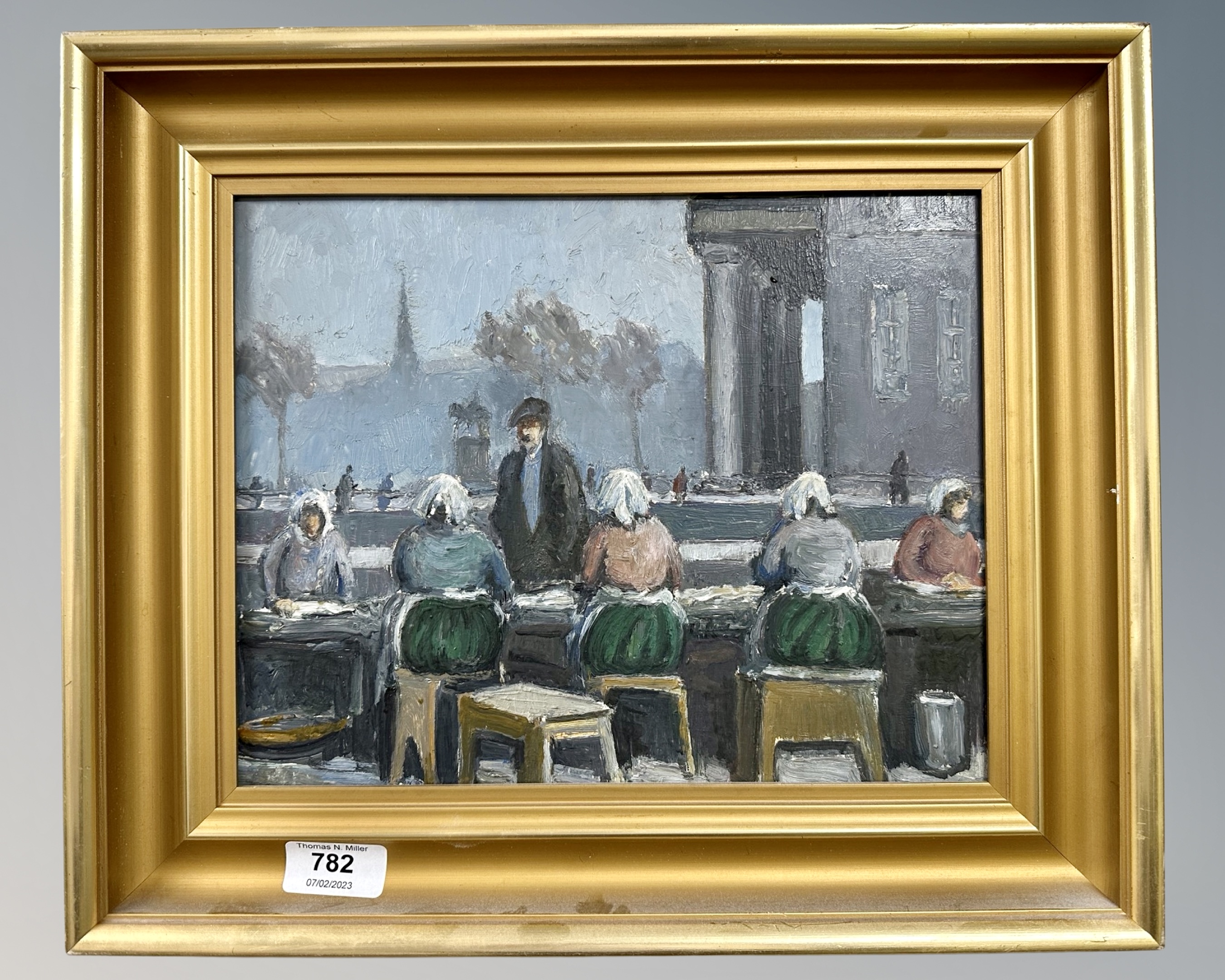 Continental School : Figures seated by a building, oil on panel, 28cm by 23cm.