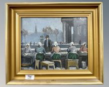 Continental School : Figures seated by a building, oil on panel, 28cm by 23cm.