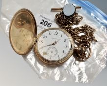 A gold plated hunter pocket watch with chain,