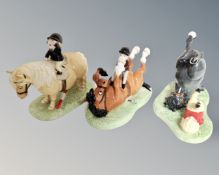 Three limited edition Royal Doulton Norman Thelwell figures including Suppling Exercises #593 of