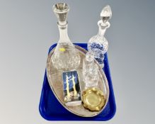 A tray of silver plated gallery tray, two crystal decanters,