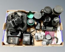 A box of assorted cameras and lenses Koroll II, Fujifilm Finepix digital camera, assorted lenses,