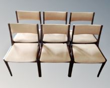 A set of six late 20th century Scandinavian dining chairs in pink upholstery.