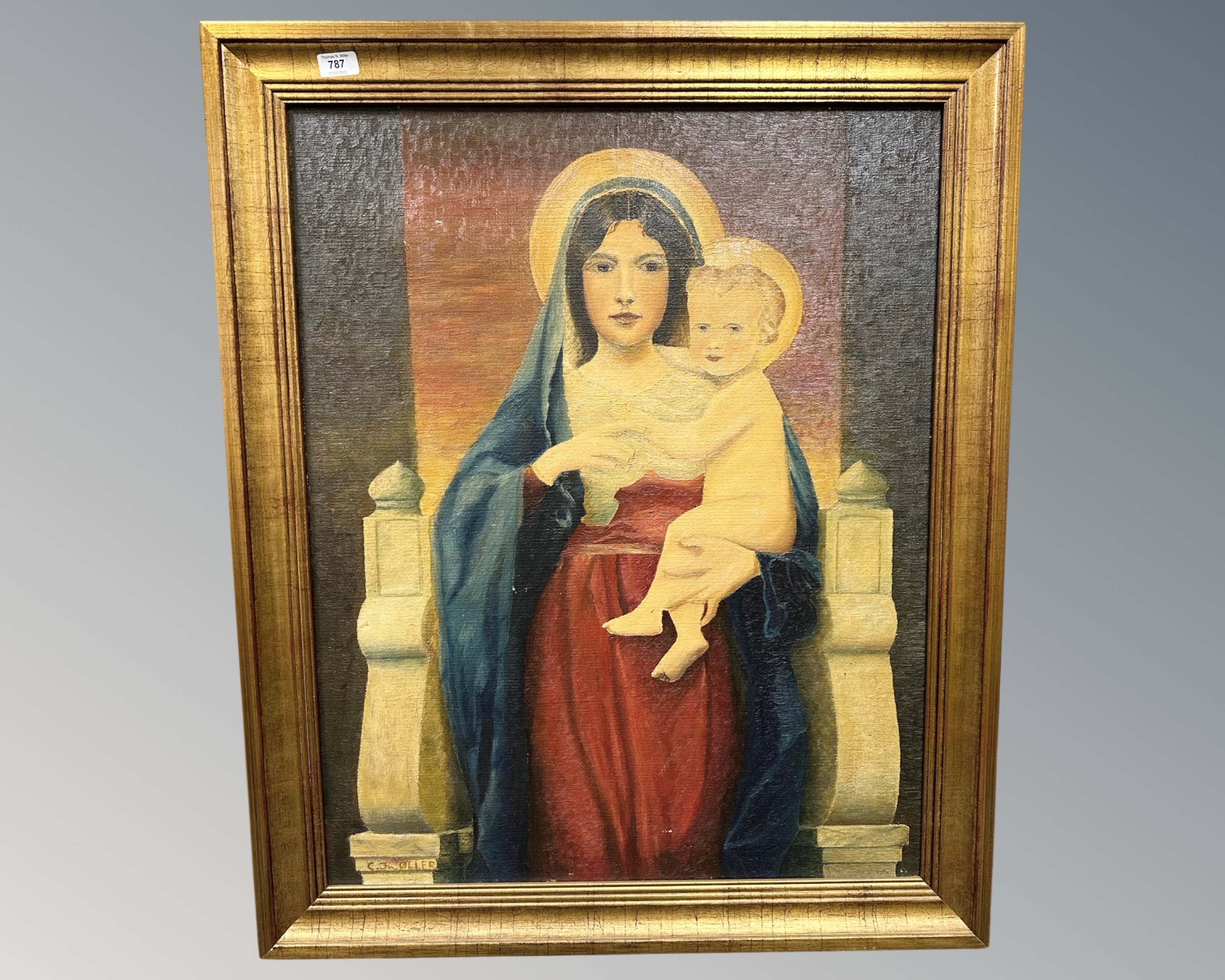 C. Øller : Religious study of lady with child, oil on canvas, 66cm by 83cm.