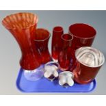 A tray of ruby glass ware including vases,