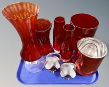 A tray of ruby glass ware including vases,