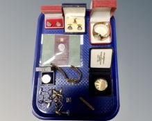 A tray of Gent's silver tie clip, boxed Titan wristwatch, cased pair of Sunderland AFC cufflinks,