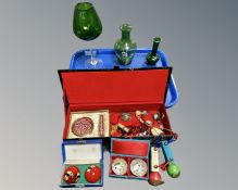 A Jewellery box containing costume jewellery, Chinese collectables, pair of tea bowls in case,