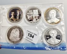 Five commemorative issues coins - Liberia 20 dollars,