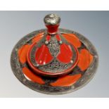 An Eastern metal mounted red glazed dish and similar lidded dish