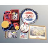 A box of Pepsi advertising clock, badges,