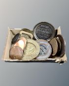 A box containing brass and copper dishes and chargers, Islamic metal salver etc.