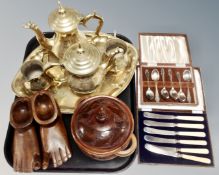 A tray of four piece brass tea set on tray together with treen lidded jar and feet,