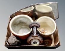 A box of two glazed stoneware pots, Halwyn oil lamp, barometer,