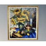 Continental School : Still life with fruit and sunflowers, oil on canvas, 64cm by 74cm.