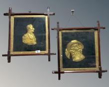Two 19th century gilt relief plaques in display frames depicting Wellington and another gentleman