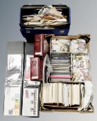 Two boxes containing albums of first day covers, a large quantity of loose stamps, postcards etc.