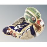 A Royal Crown Derby Carolina Duck paperweight with silver stopper