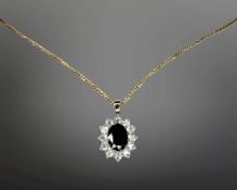 A 9ct yellow gold necklace with synthetic cluster pendant, 3.3g gross.