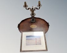 A 19th century mahogany gallery tray (AF) together with a decorative brass three way table lamp and