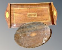 Two 19th century inlaid mahogany serving trays (smaller example a/f)