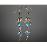 A pair of vintage silver and turquoise droplet earrings, length 60mm.