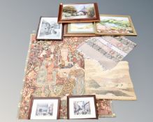 A box containing assorted pictures, Lowry prints, watercolour landscape scene,