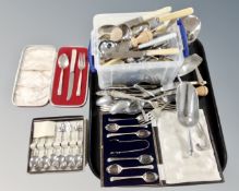 A tray of stainless steel cutlery, boxed teaspoons, toffee hammer etc.