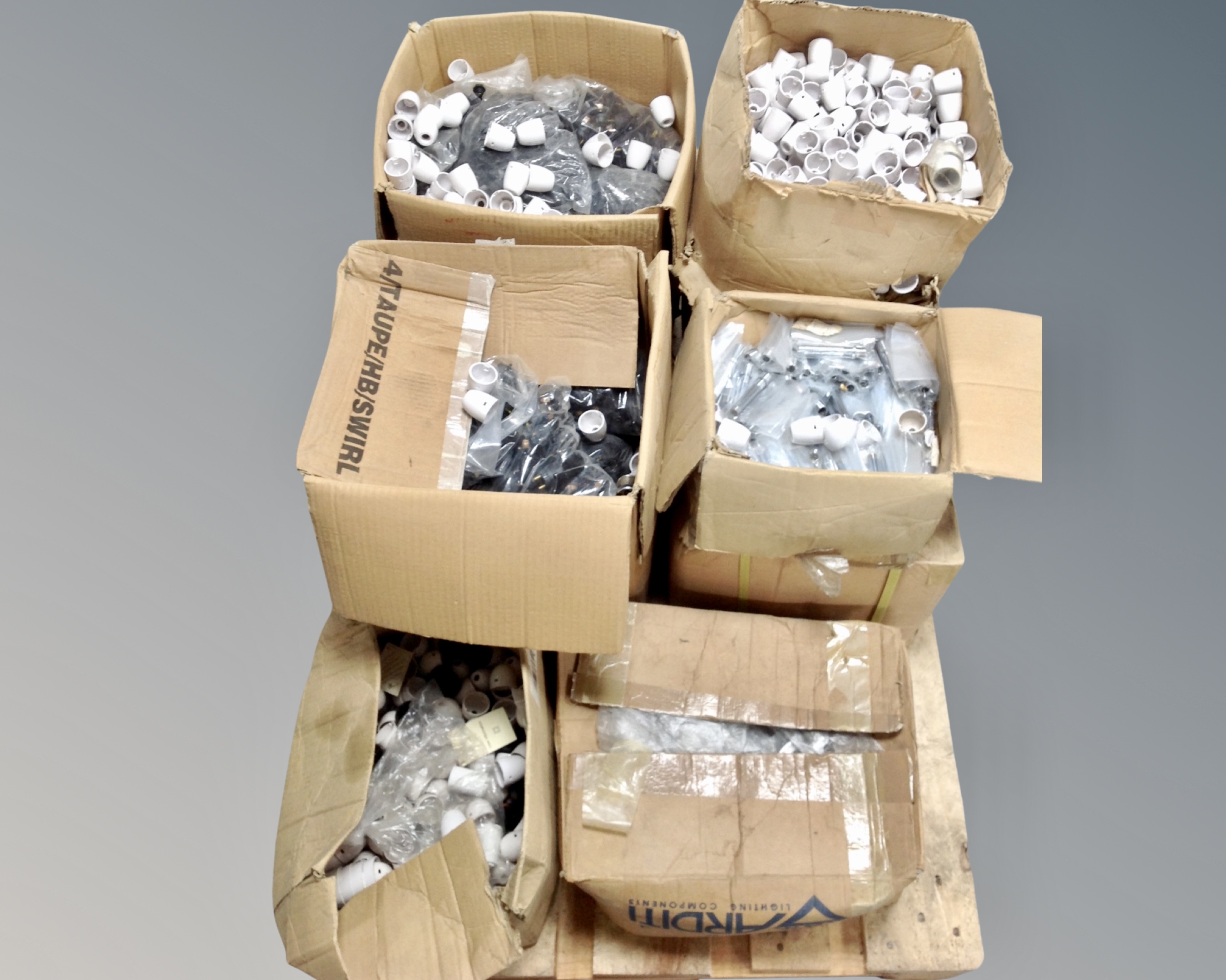 Six boxes of lamp fittings and parts