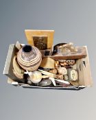A box containing treen, woodworking plane, a set of boxed place mats, miniature pair of bellows.