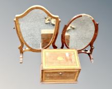 A 19th century satinwood inlaid caddy together with two 19th century dressing table mirrors