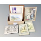 A box of assorted pictures and prints, woodblock print, watercolours, Oriental silk panel etc.