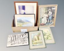 A box of assorted pictures and prints, woodblock print, watercolours, Oriental silk panel etc.