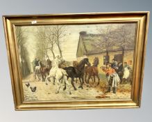 Continental School : Horses on a lane, oil on canvas, 99cm by 67cm.