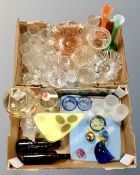 Two boxes of assorted glass ware to include paperweights by Selkirk, glass trays, bottles,