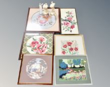 Six framed tapestries together with a pair of continental porcelain figures of flamingos (a/f) and